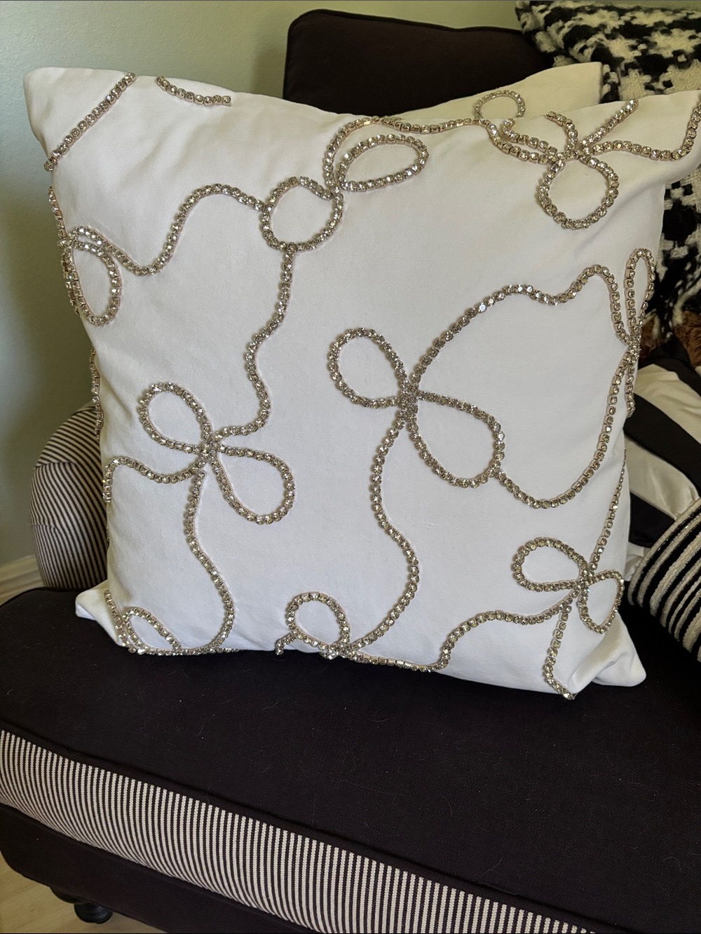 Embellished Decorative Throw Pillow Cover with Rhinestone BOW Design